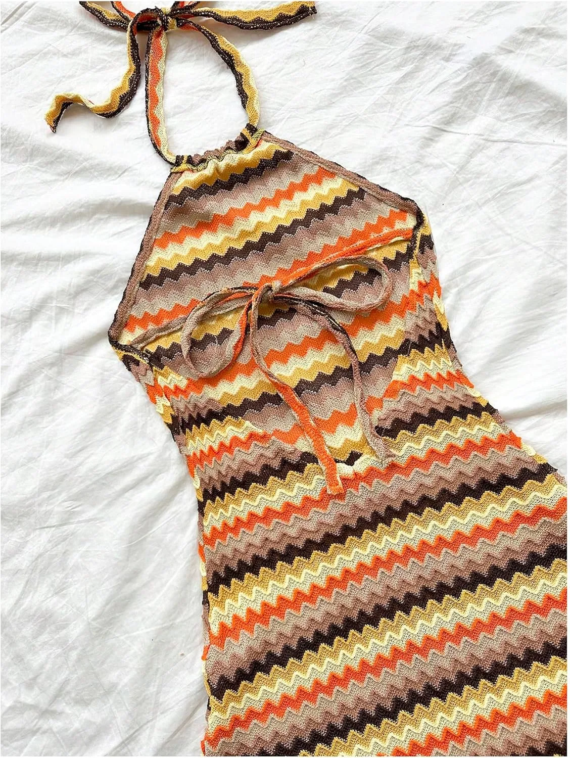 Verdusa Women's Boho 70s Cami Dress Striped Halter Backless Fitted Mini Dress