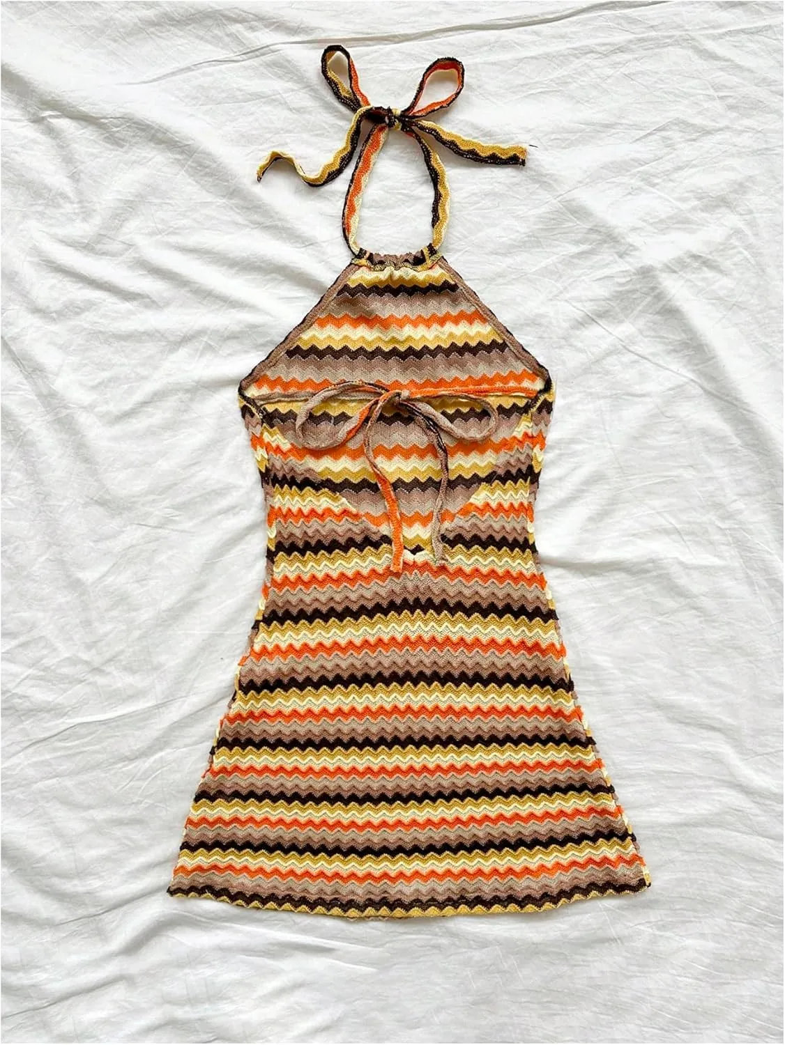 Verdusa Women's Boho 70s Cami Dress Striped Halter Backless Fitted Mini Dress