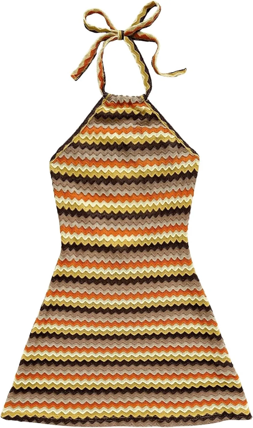 Verdusa Women's Boho 70s Cami Dress Striped Halter Backless Fitted Mini Dress