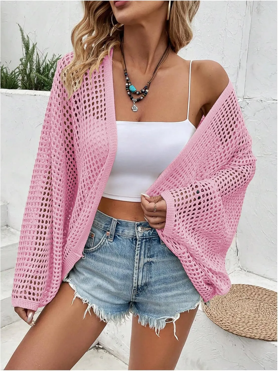 Verdusa Women's Hollow Out Open Front Long Sleeve Oversized Knitted Cardigan Sweater