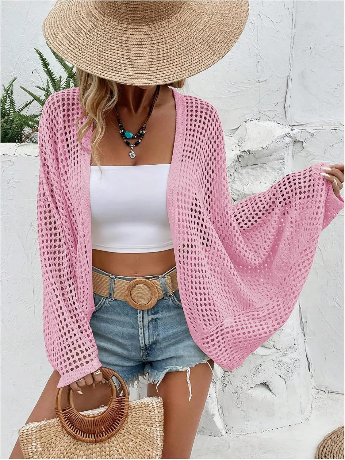 Verdusa Women's Hollow Out Open Front Long Sleeve Oversized Knitted Cardigan Sweater