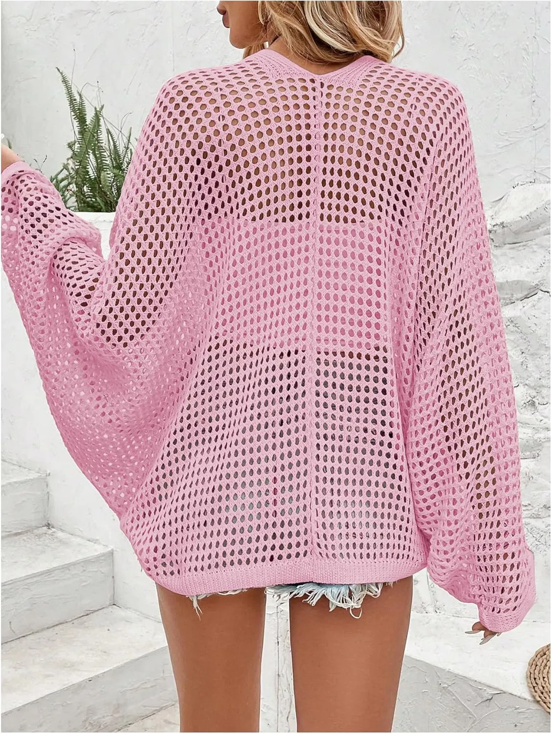 Verdusa Women's Hollow Out Open Front Long Sleeve Oversized Knitted Cardigan Sweater