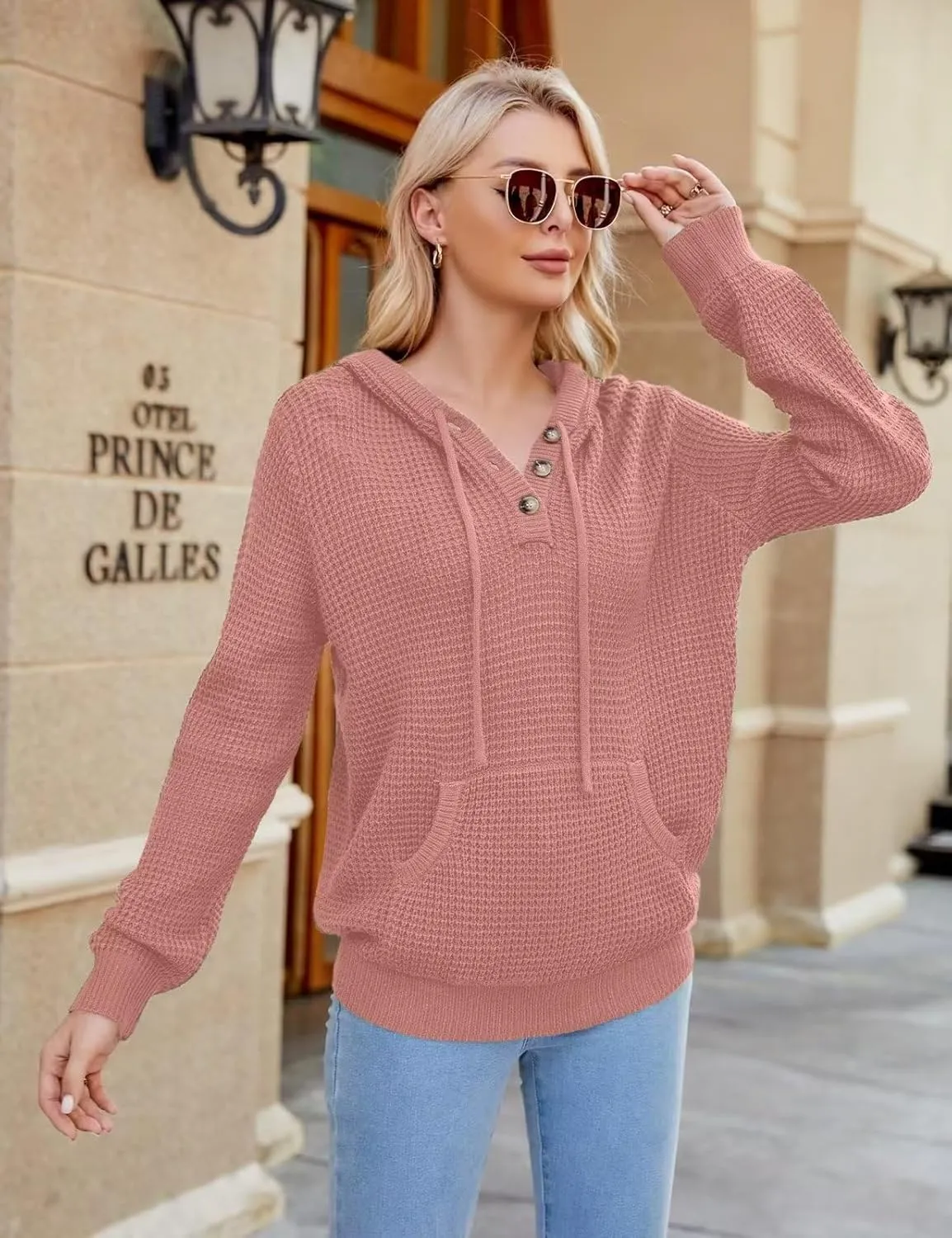 VIMPUNEC 2024 Fall Womens Oversized Hoodies Knit V Neck Sweaters Fashion Casual Pullover Tops