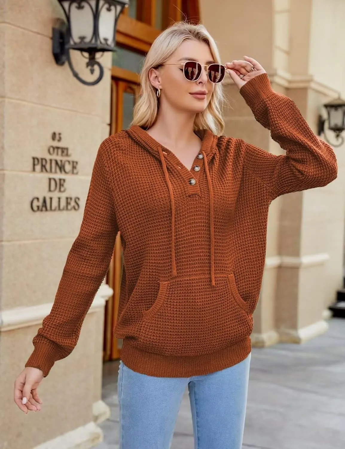 VIMPUNEC 2024 Fall Womens Oversized Hoodies Knit V Neck Sweaters Fashion Casual Pullover Tops