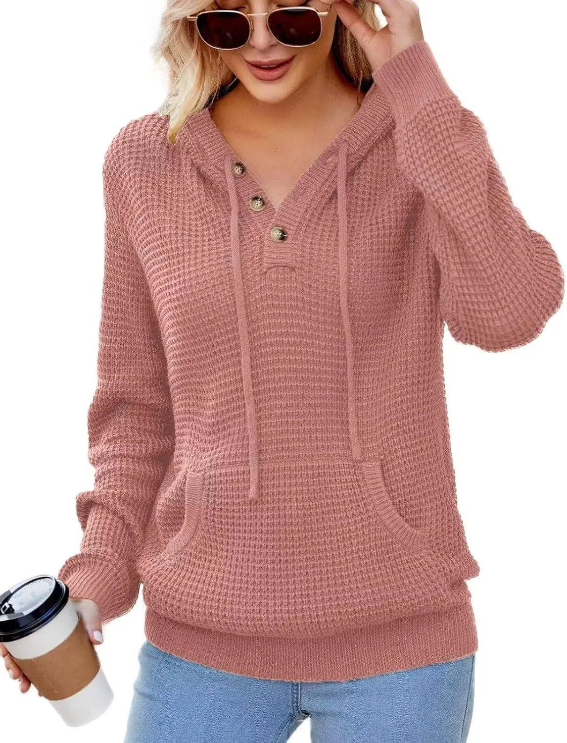 VIMPUNEC 2024 Fall Womens Oversized Hoodies Knit V Neck Sweaters Fashion Casual Pullover Tops