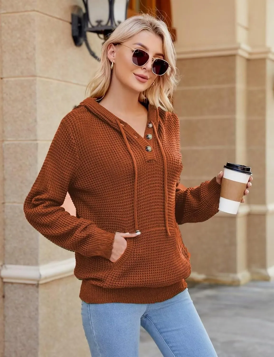 VIMPUNEC 2024 Fall Womens Oversized Hoodies Knit V Neck Sweaters Fashion Casual Pullover Tops