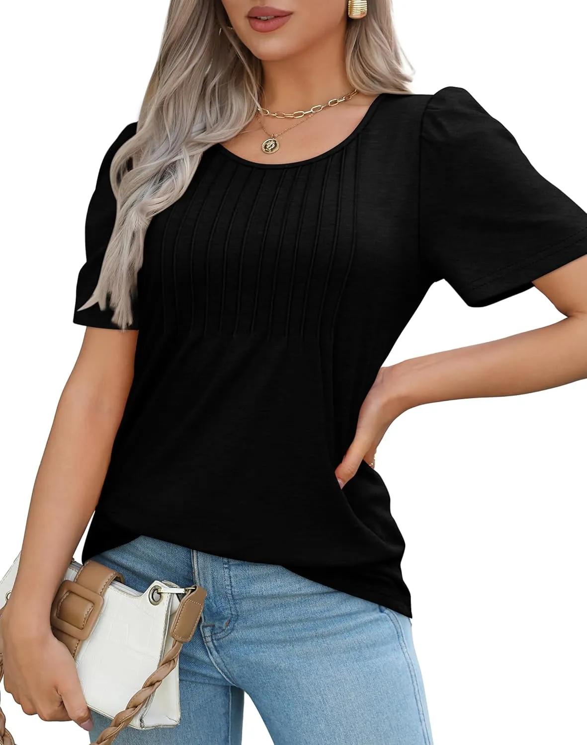 WIHOLL Short Sleeve Shirts for Women Summer Dressy Casual Tops Pleated Front