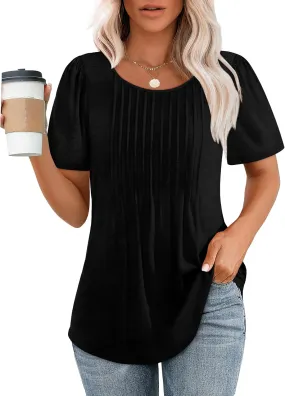 WIHOLL Short Sleeve Shirts for Women Summer Dressy Casual Tops Pleated Front