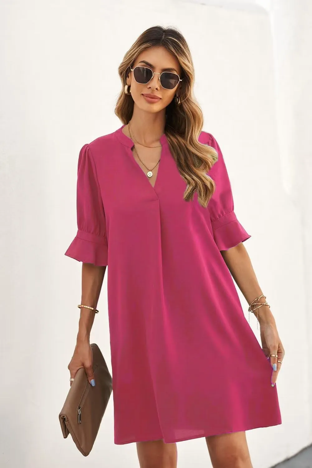 Wkior Shift Dress for Women V Neck Short Sleeves Solid Color Casual Flowy Summer Dresses(S-2XL)