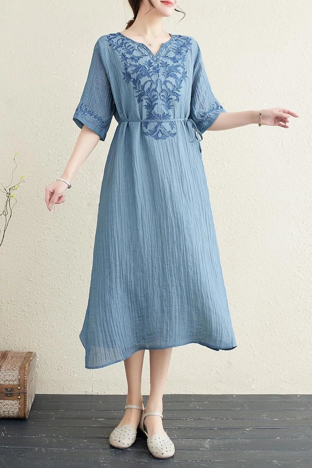Women Boho Casual Loose Floral Linen Dress with Pockets Short Sleeve Midi Summer Beach Dress
