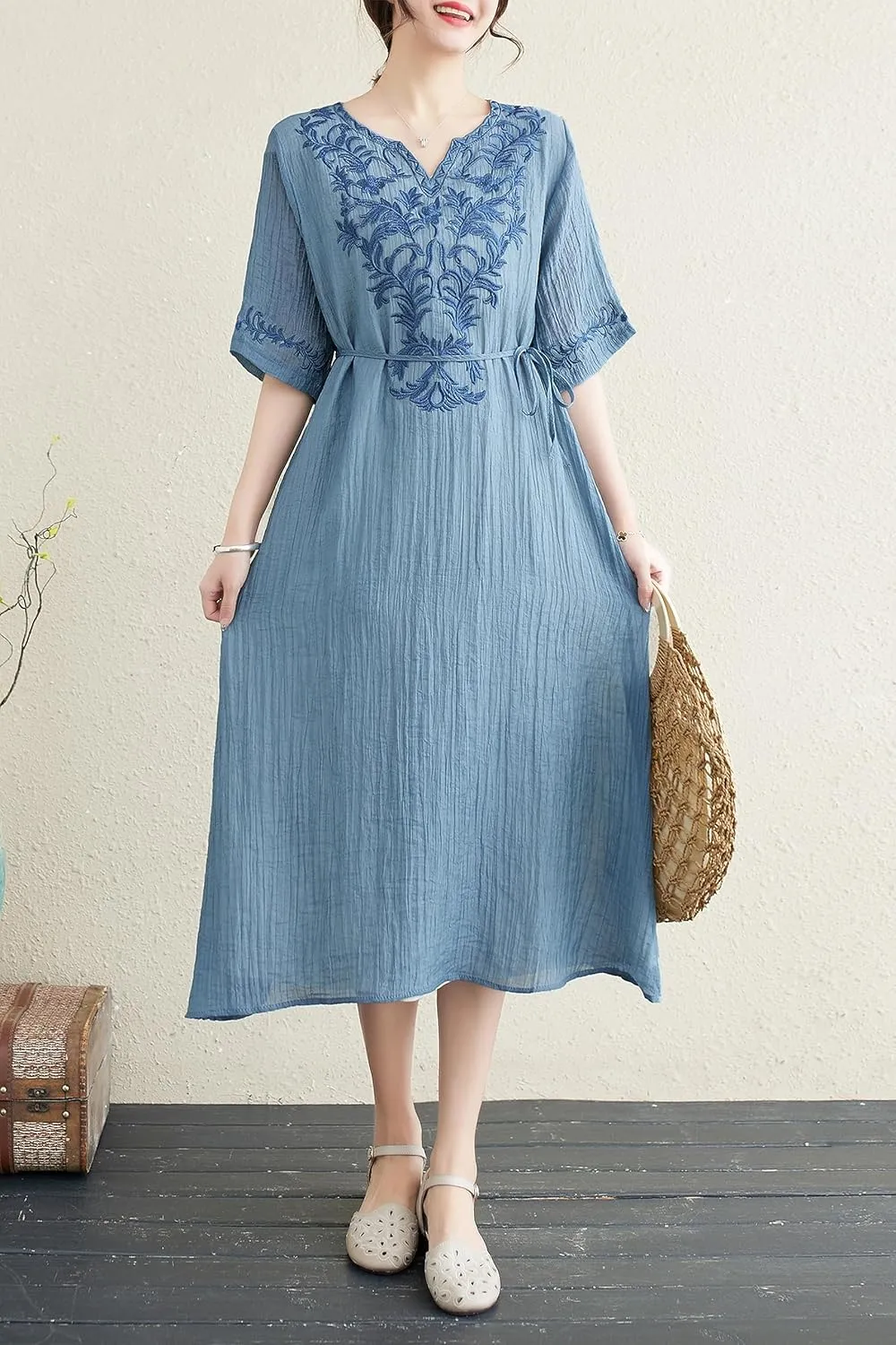 Women Boho Casual Loose Floral Linen Dress with Pockets Short Sleeve Midi Summer Beach Dress