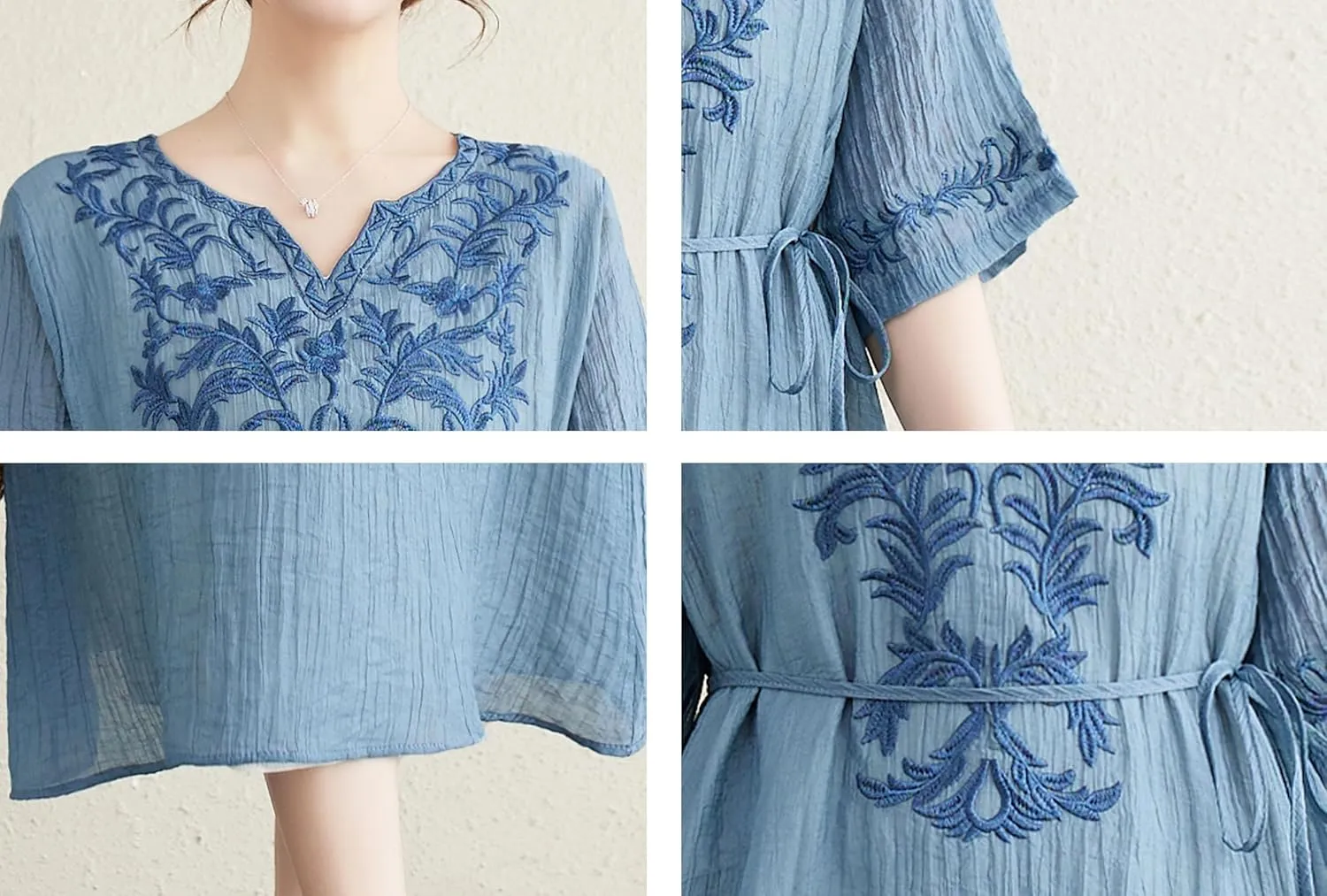 Women Boho Casual Loose Floral Linen Dress with Pockets Short Sleeve Midi Summer Beach Dress