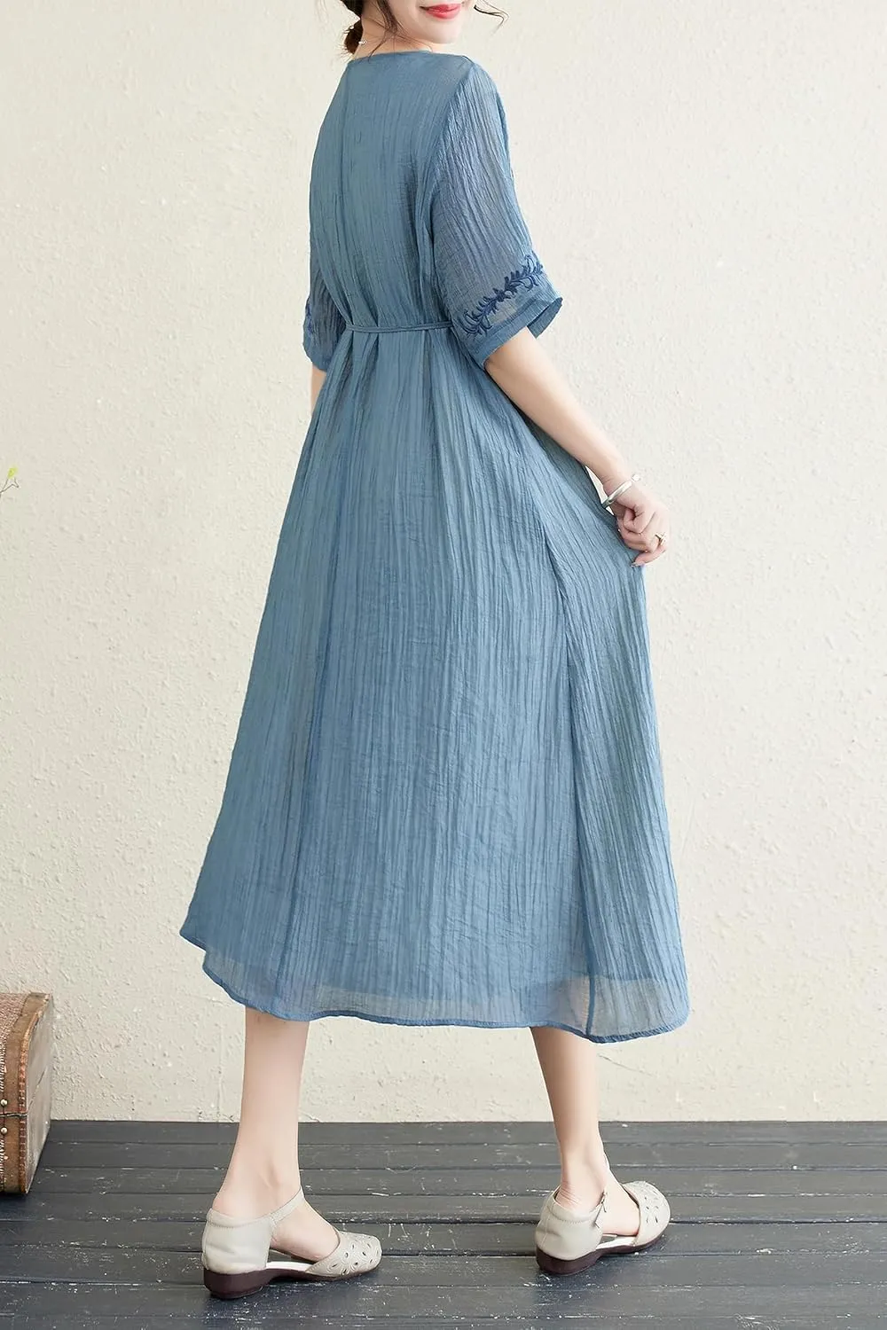 Women Boho Casual Loose Floral Linen Dress with Pockets Short Sleeve Midi Summer Beach Dress