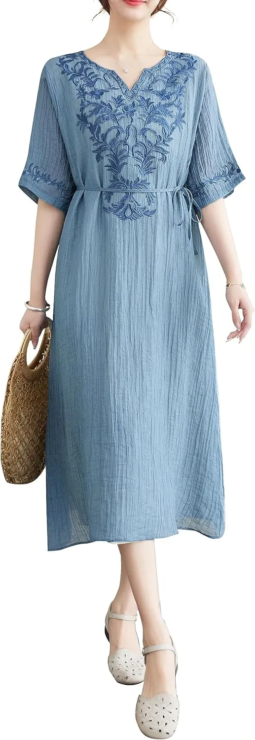Women Boho Casual Loose Floral Linen Dress with Pockets Short Sleeve Midi Summer Beach Dress