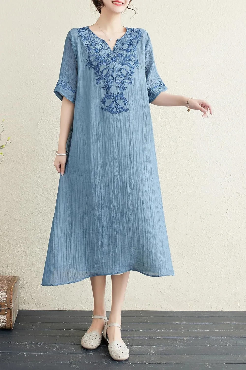 Women Boho Casual Loose Floral Linen Dress with Pockets Short Sleeve Midi Summer Beach Dress