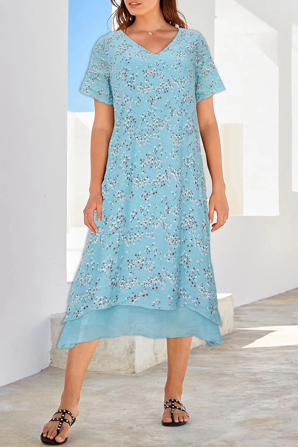 Women Casual Boho Floral Print Layers Cotton Linen Dress Irregular Bottom Loose Sundress