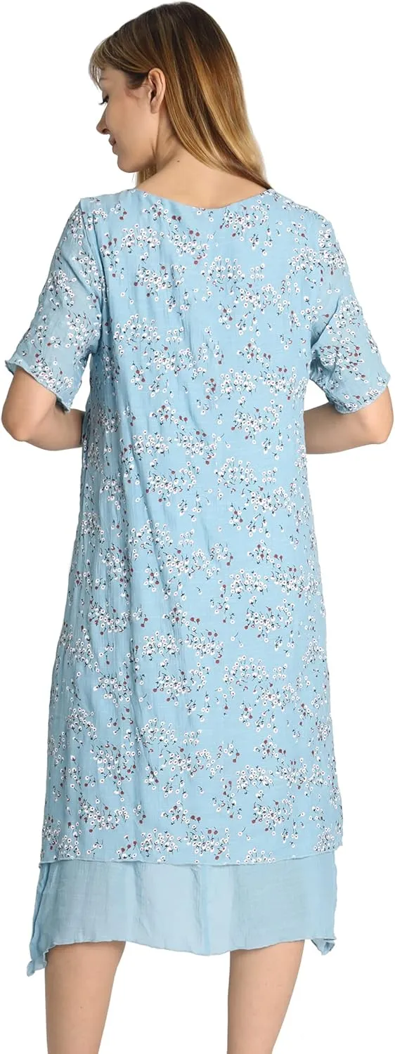Women Casual Boho Floral Print Layers Cotton Linen Dress Irregular Bottom Loose Sundress