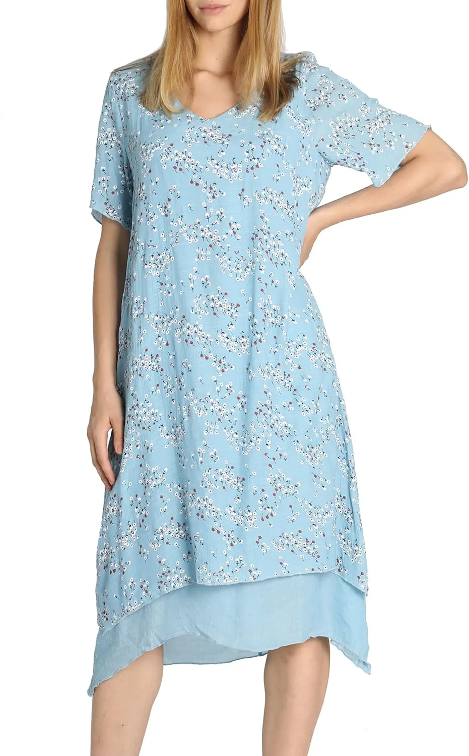 Women Casual Boho Floral Print Layers Cotton Linen Dress Irregular Bottom Loose Sundress
