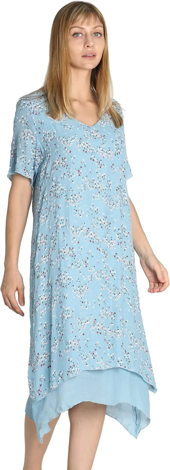 Women Casual Boho Floral Print Layers Cotton Linen Dress Irregular Bottom Loose Sundress