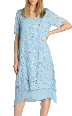 Women Casual Boho Floral Print Layers Cotton Linen Dress Irregular Bottom Loose Sundress