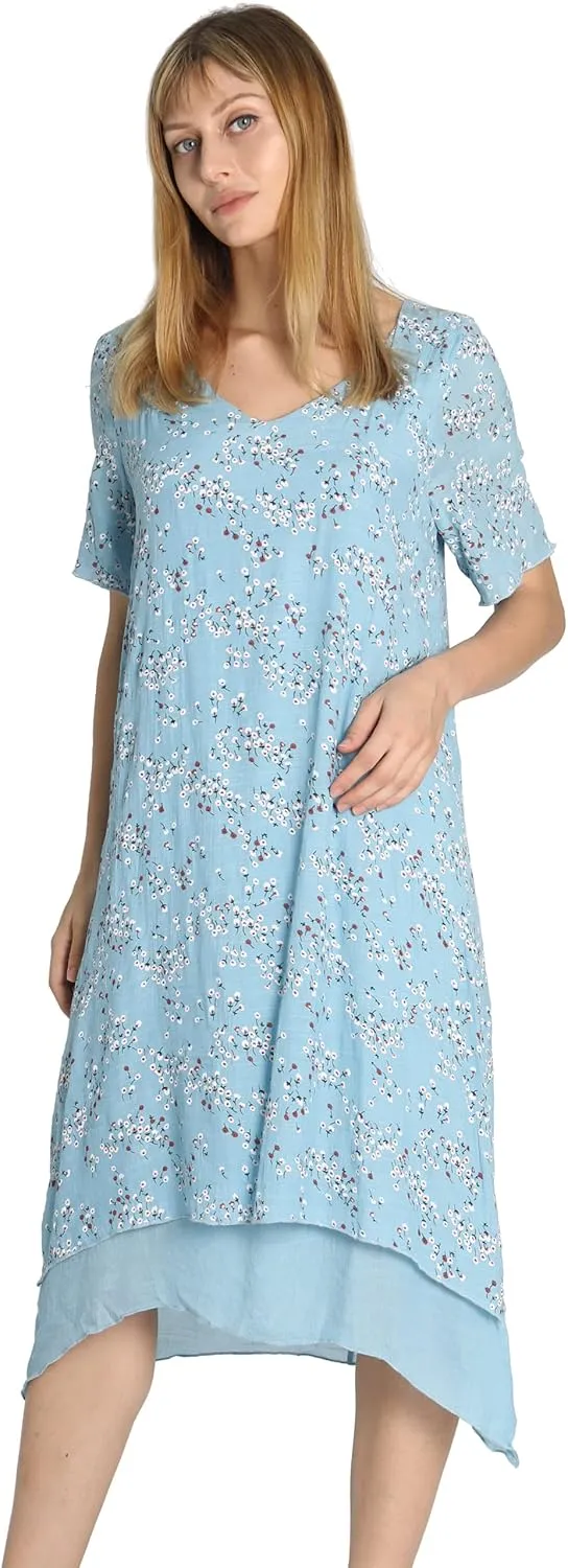 Women Casual Boho Floral Print Layers Cotton Linen Dress Irregular Bottom Loose Sundress
