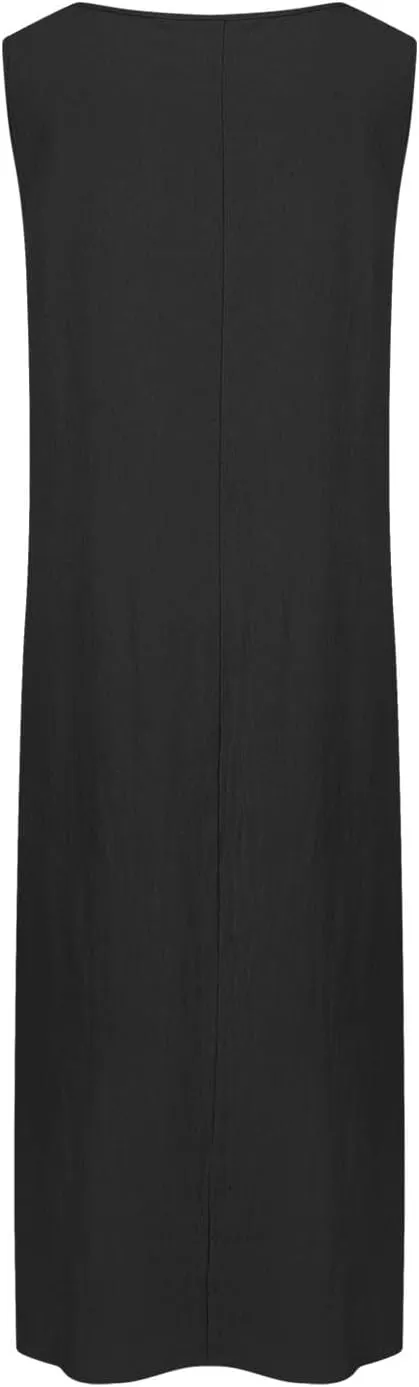 Women Casual Maxi Sundress 2025 Summer Cotton Linen Beach Dress V Neck Sleeveless Loose Tank Dresses