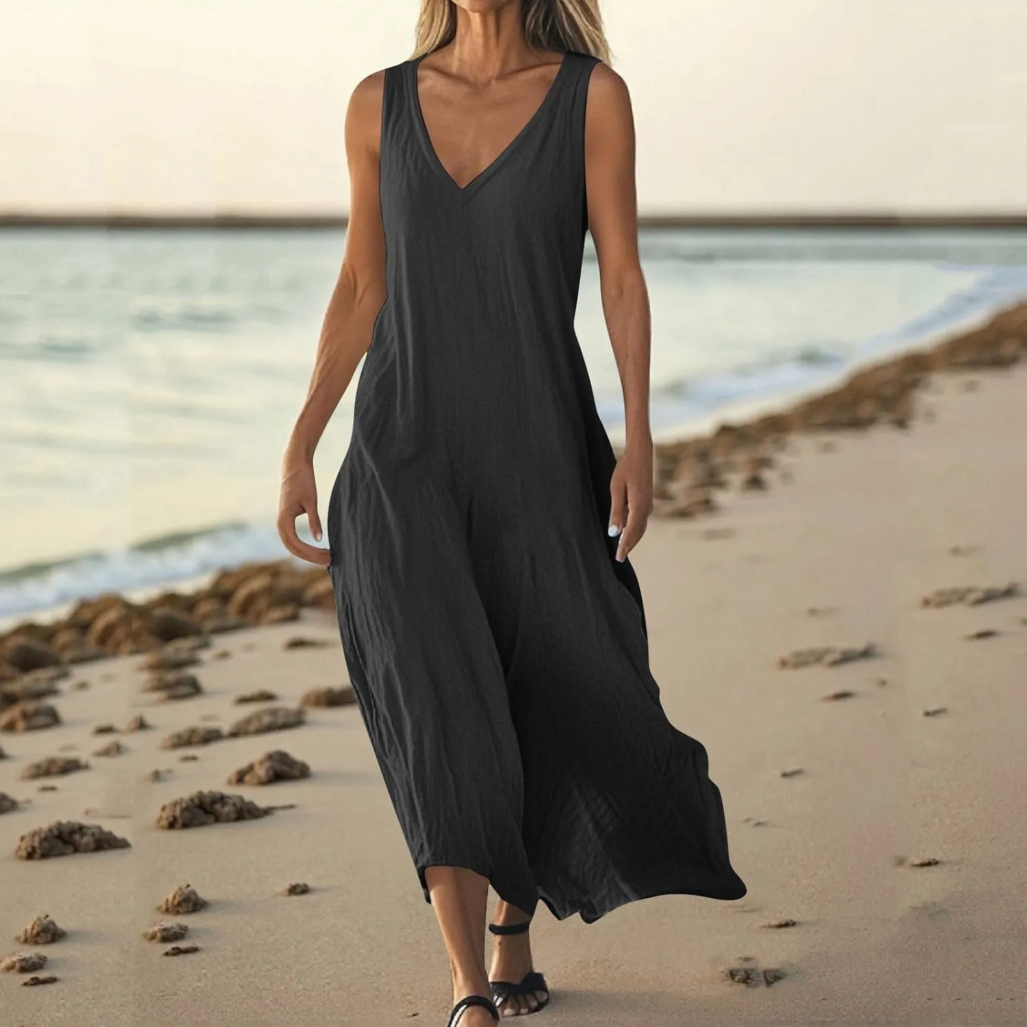 Women Casual Maxi Sundress 2025 Summer Cotton Linen Beach Dress V Neck Sleeveless Loose Tank Dresses