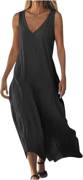 Women Casual Maxi Sundress 2025 Summer Cotton Linen Beach Dress V Neck Sleeveless Loose Tank Dresses
