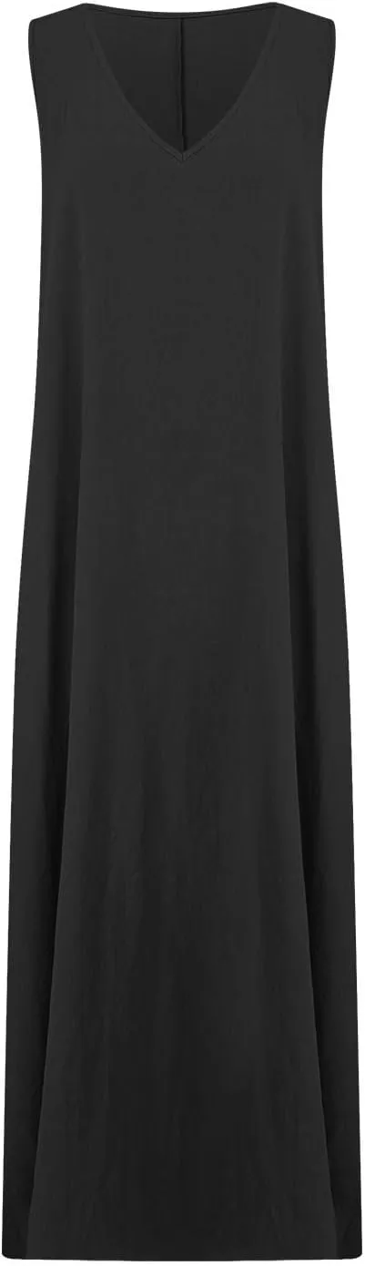 Women Casual Maxi Sundress 2025 Summer Cotton Linen Beach Dress V Neck Sleeveless Loose Tank Dresses