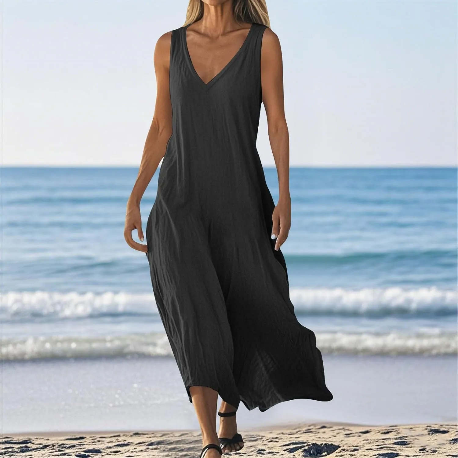 Women Casual Maxi Sundress 2025 Summer Cotton Linen Beach Dress V Neck Sleeveless Loose Tank Dresses