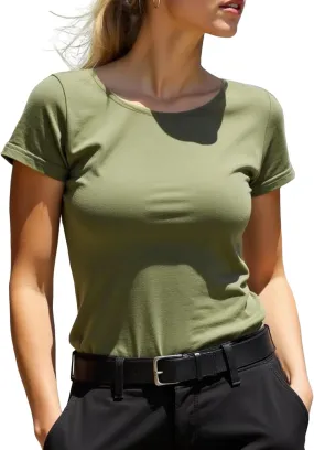 Women Scoop Neck T-Shirt, Tee Shirt Short Sleeve Slim Fitted, Petite Crop Top Tshirt Stretchy