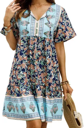 Women Short Sleeves Ruffle Floral Flowy Boho Dress Babydoll Mini Short Beach Sundress