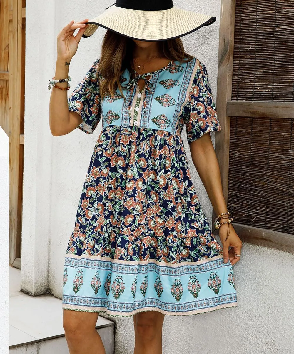 Women Short Sleeves Ruffle Floral Flowy Boho Dress Babydoll Mini Short Beach Sundress