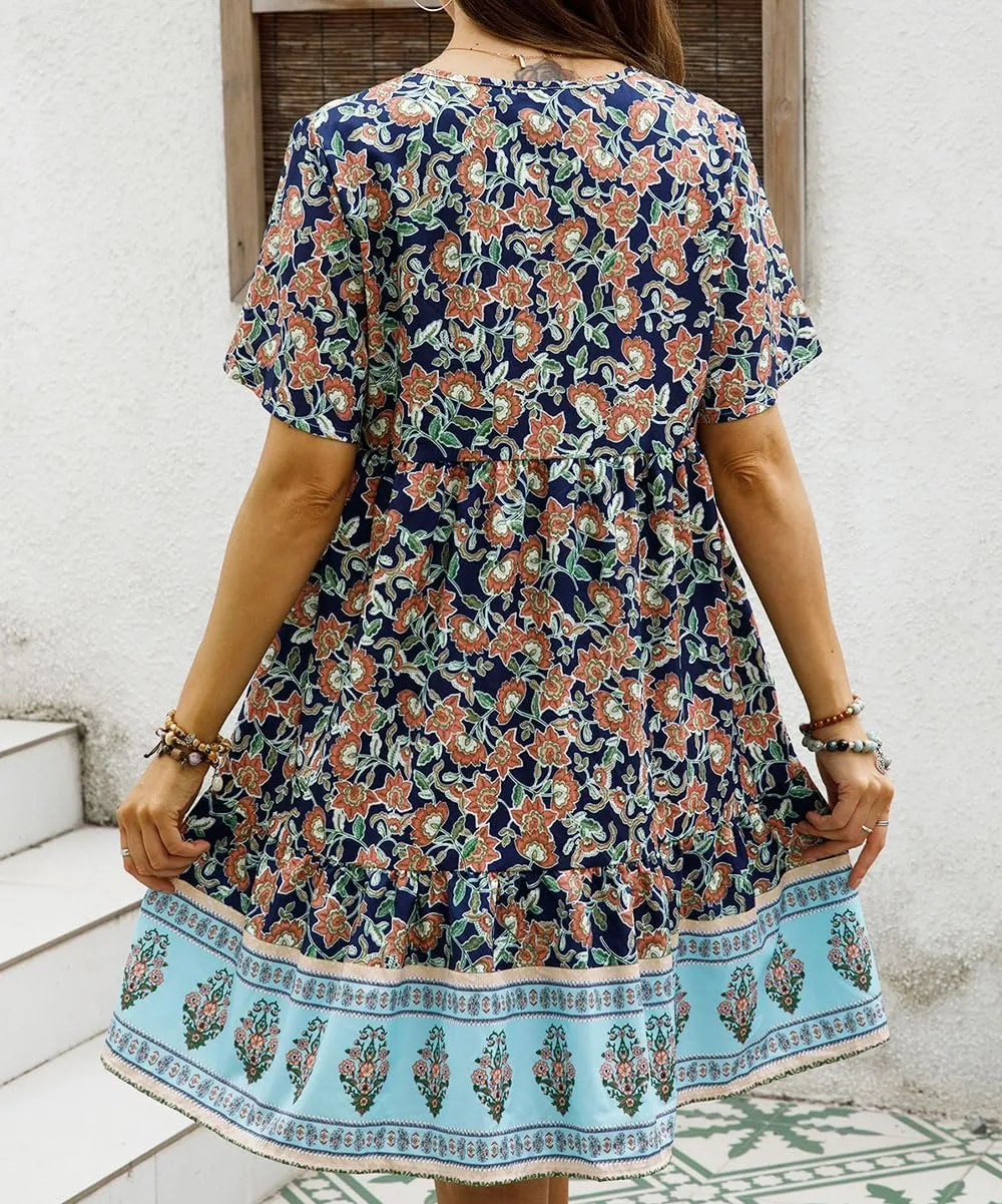 Women Short Sleeves Ruffle Floral Flowy Boho Dress Babydoll Mini Short Beach Sundress