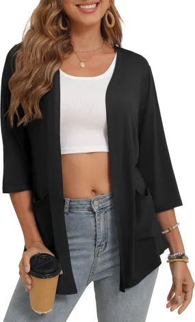 Women's 3/4 Sleeve Open Front Cardigan Casual Loose Lightweight Cardigans with Pockets