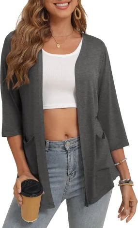 Women's 3/4 Sleeve Open Front Cardigan Casual Loose Lightweight Cardigans with Pockets