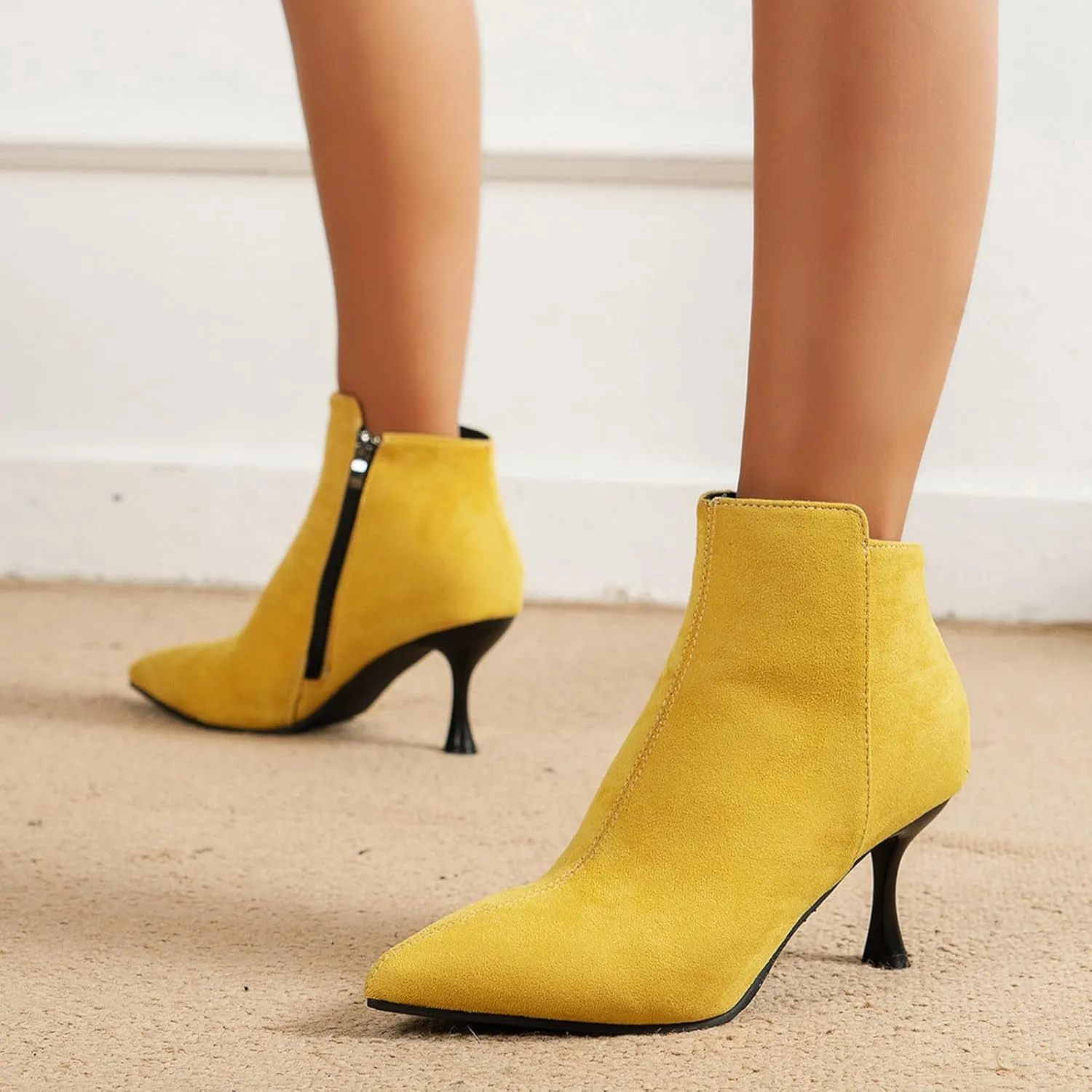 Womens Ankle Boots Womens Fall Boots Ladies Fashion Retro Suede Pointed Toe Side Zipper Slim Stiletto Heel Ankle Boot