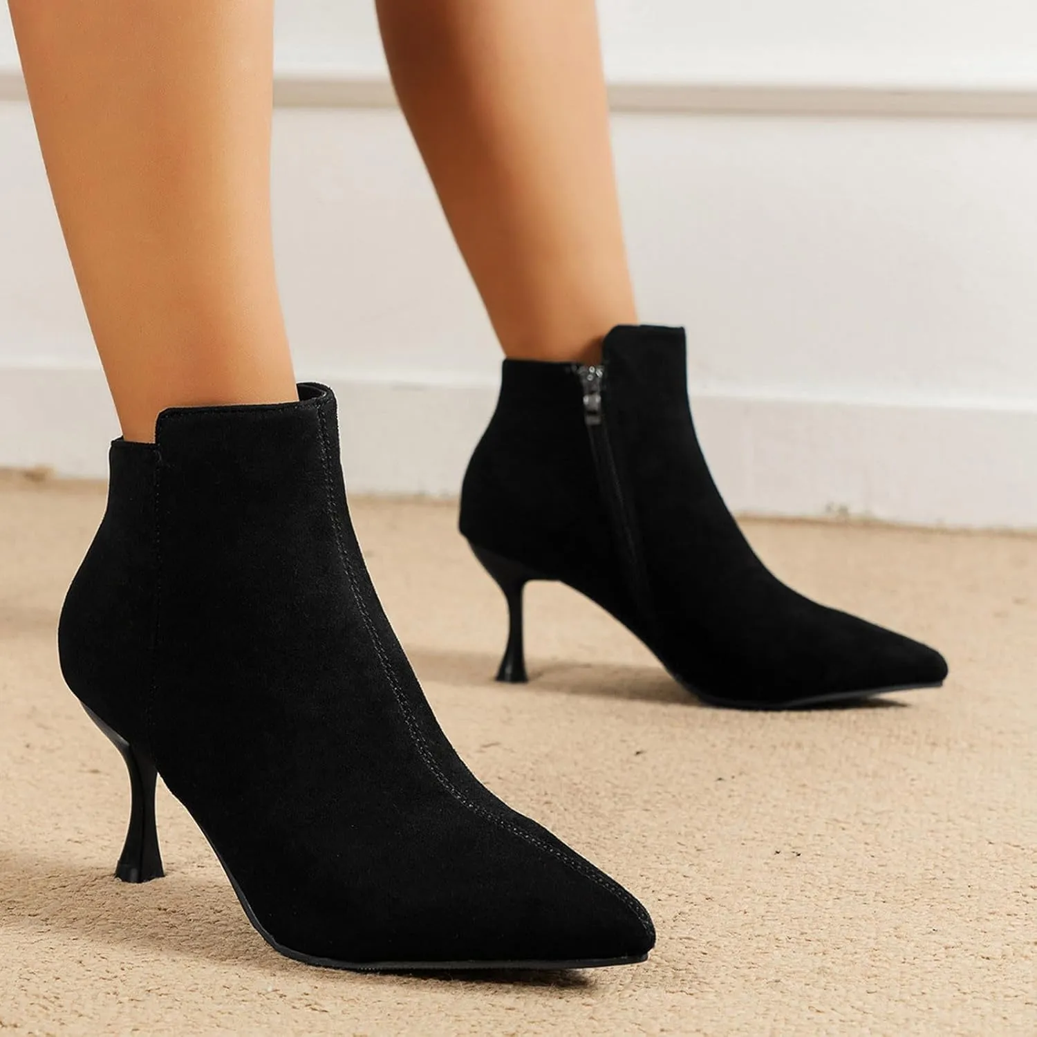 Womens Ankle Boots Womens Fall Boots Ladies Fashion Retro Suede Pointed Toe Side Zipper Slim Stiletto Heel Ankle Boot