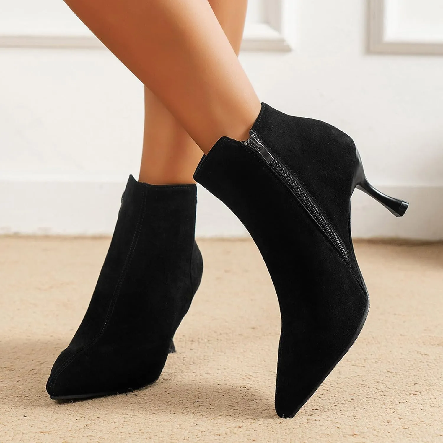 Womens Ankle Boots Womens Fall Boots Ladies Fashion Retro Suede Pointed Toe Side Zipper Slim Stiletto Heel Ankle Boot