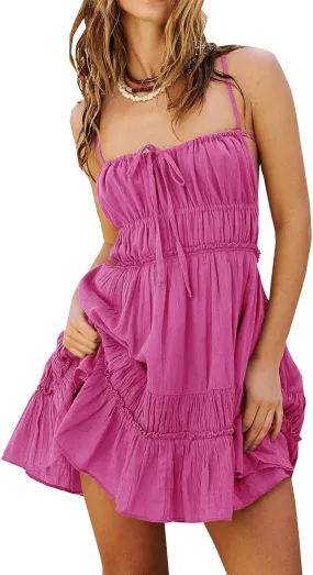 Womens Backless Summer Mini Dress Sexy Tie-Back Beach Dress Open Back Lined Tiered Silhouette Sundress