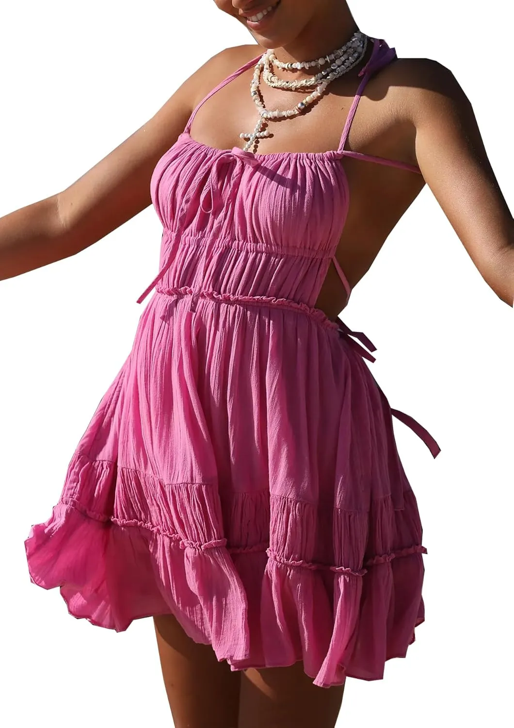 Womens Backless Summer Mini Dress Sexy Tie-Back Beach Dress Open Back Lined Tiered Silhouette Sundress