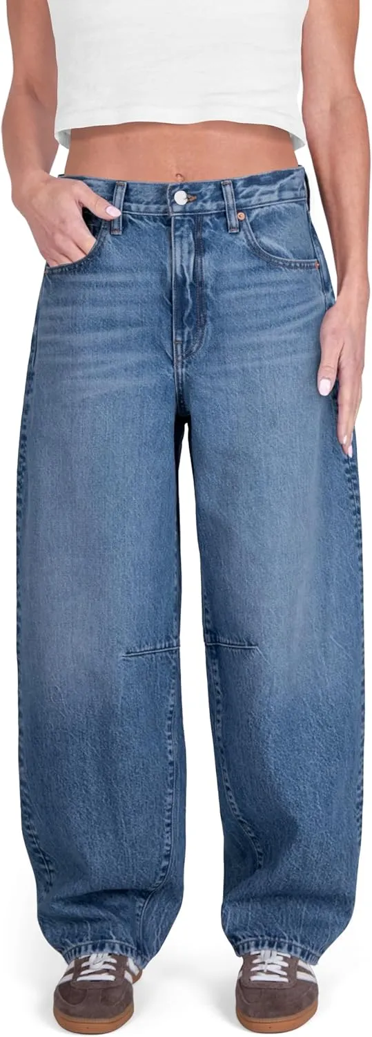 Womens Baggy Barrel Jeans Wide Leg Mid Rise Premium Denim Pants
