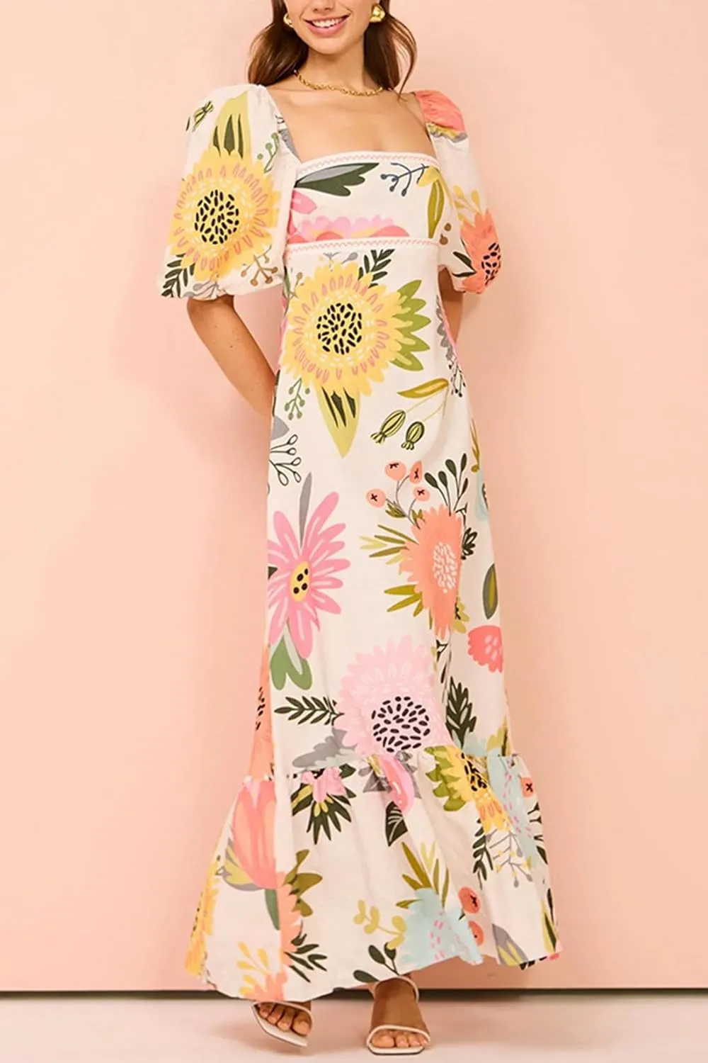 Women's Boho Floral Maxi Dress Short Sleeve Square Neck Ruffle A Line Long Sun Dresses