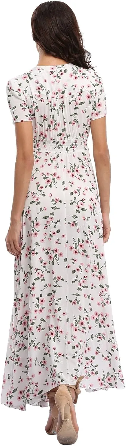 Women's Boho Floral Maxi Dress Summer Button Up Split Flowy Beach Party Dress