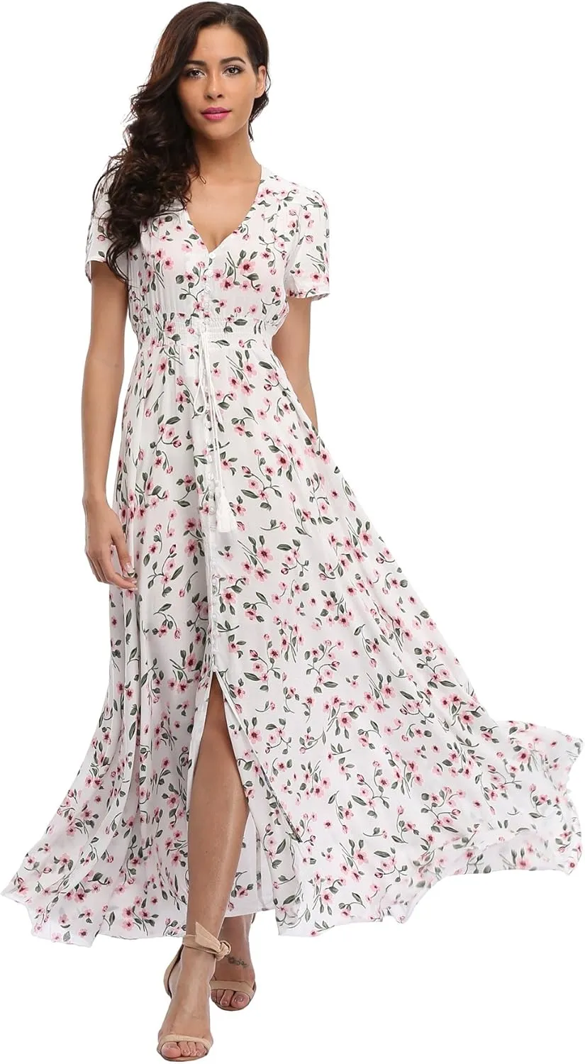 Women's Boho Floral Maxi Dress Summer Button Up Split Flowy Beach Party Dress