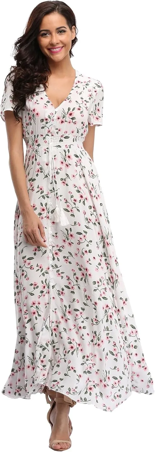 Women's Boho Floral Maxi Dress Summer Button Up Split Flowy Beach Party Dress