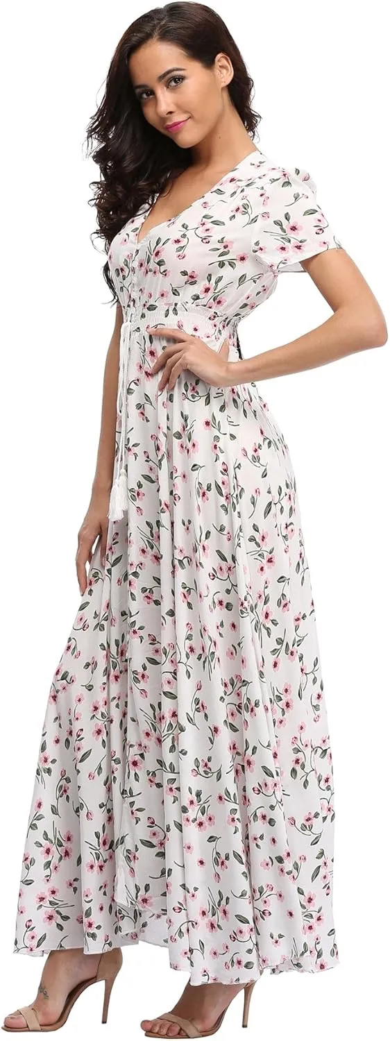 Women's Boho Floral Maxi Dress Summer Button Up Split Flowy Beach Party Dress
