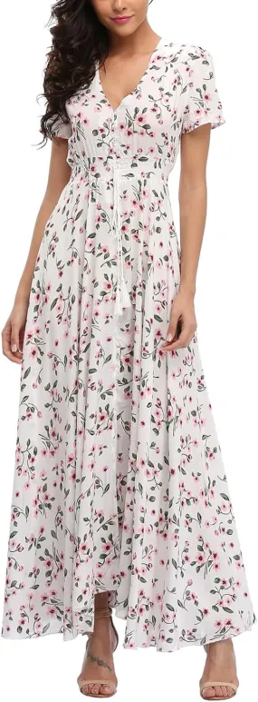 Women's Boho Floral Maxi Dress Summer Button Up Split Flowy Beach Party Dress