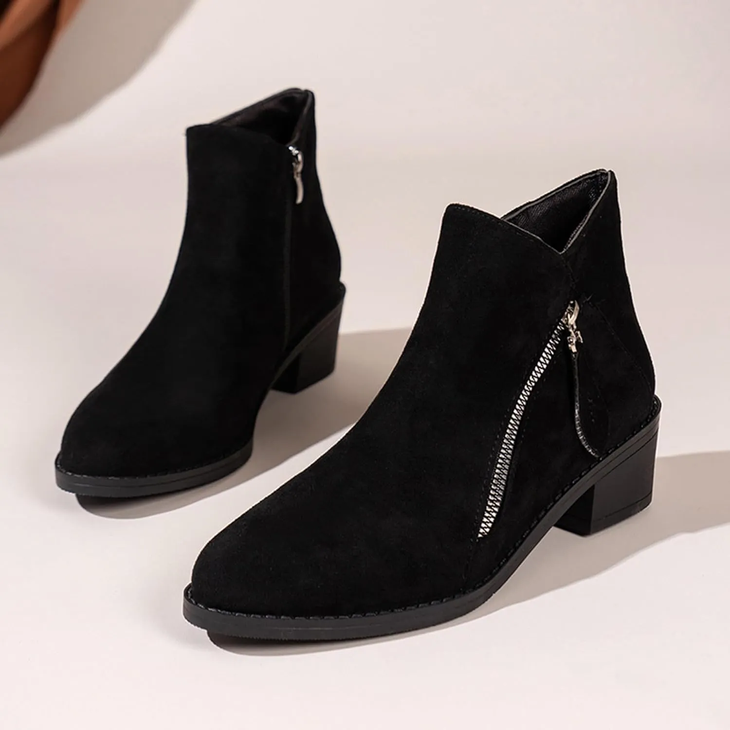 Womens Boots Women's Suede 2 Zipper Ankle Boots Short Booties Low Block Heel Outdoor Work Pointed Bootie
