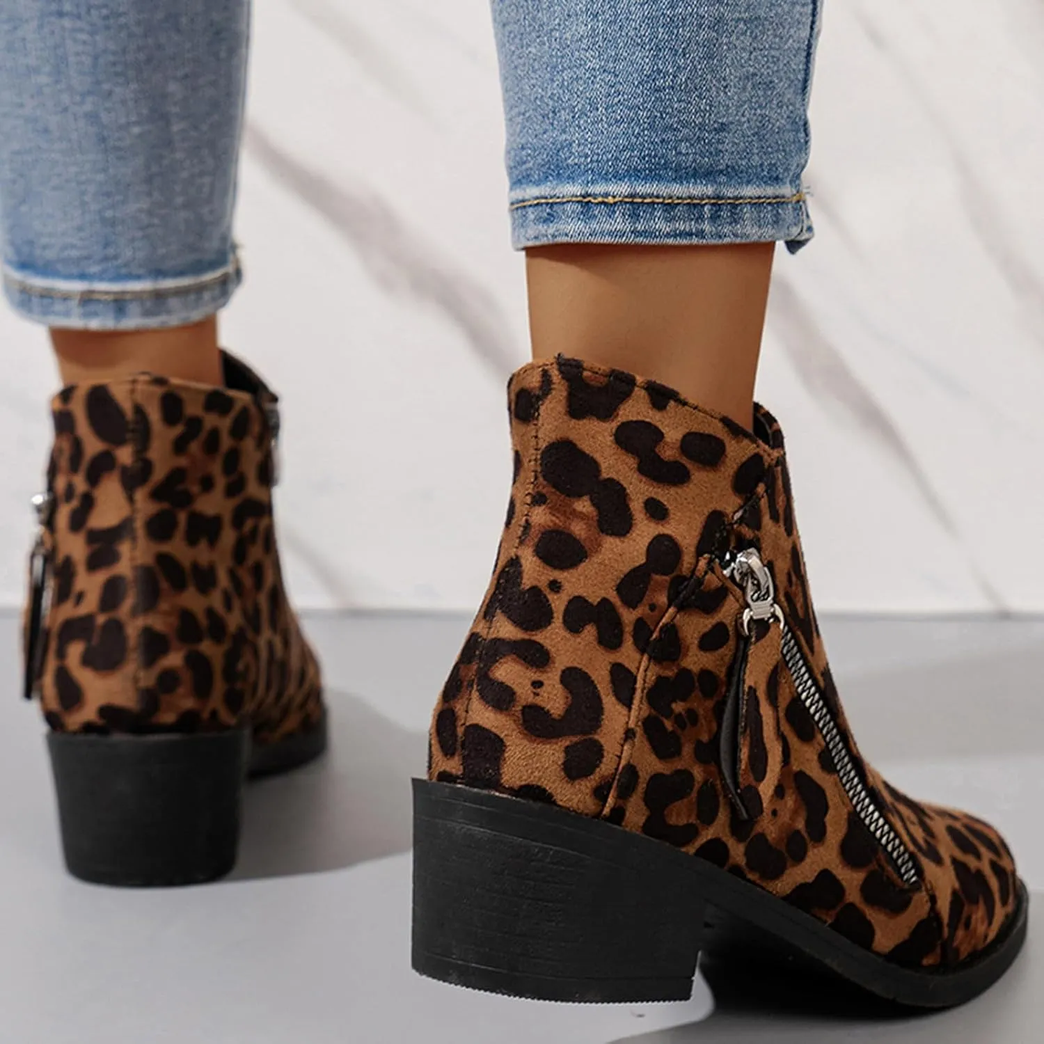 Womens Boots Women's Suede 2 Zipper Ankle Boots Short Booties Low Block Heel Outdoor Work Pointed Bootie